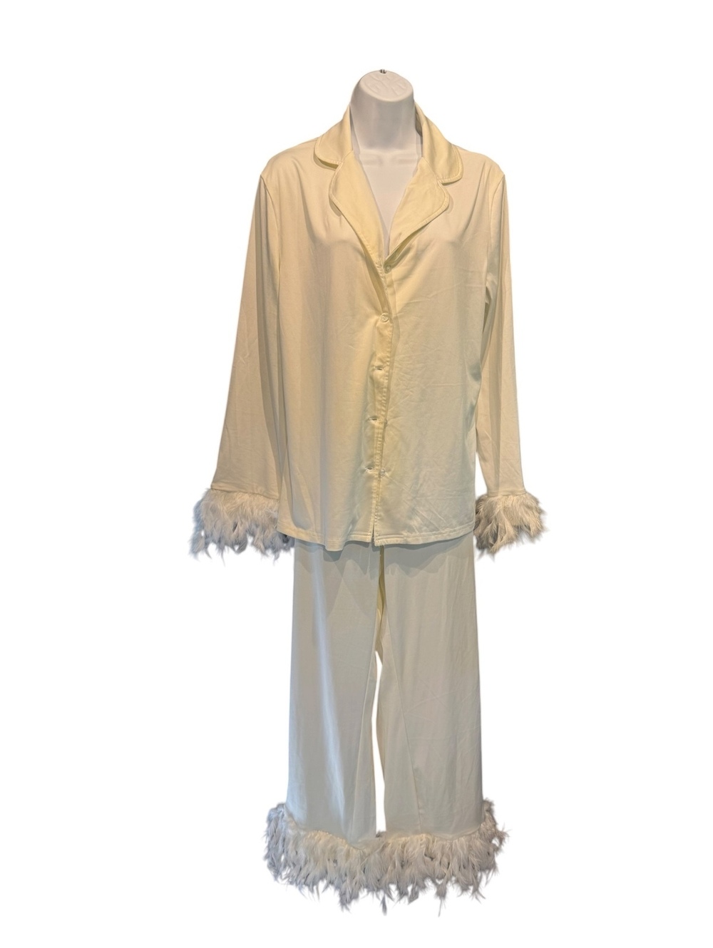 Cozy Cream Pajama Set with Feather Trimmed Cuffs and Hem